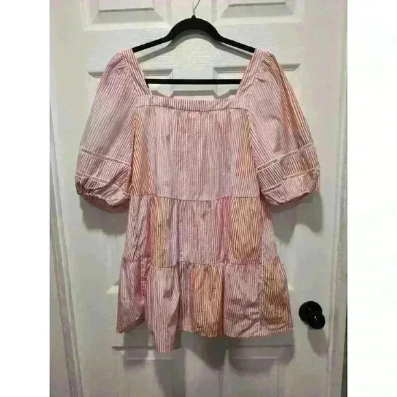 Maeve By Anthropologie Size Small Pink Orange Tunic Top PuffSleeve Tiered Cotton - Picture 9 of 9